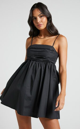 Clover Mini Dress - Back Bow Babydoll Dress in Black | Showpo (US, UK & Europe)