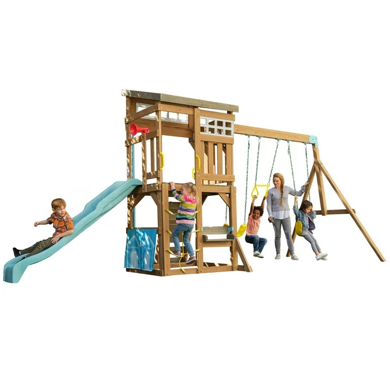 KidKraft Modern Outdoor Wooden Swing Set / Playset with Fireman's Pole, Reversible Bench - Walmar... | Walmart (US)
