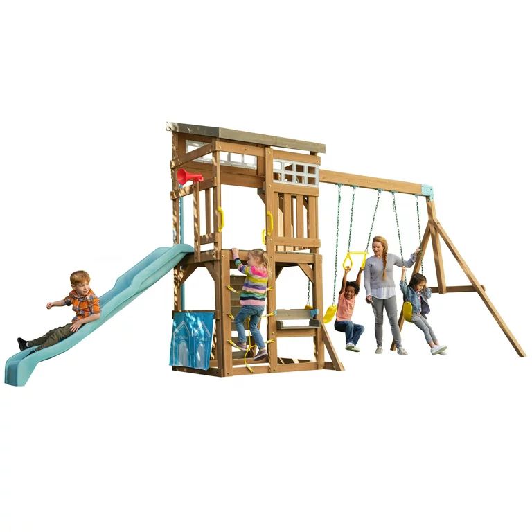 KidKraft Modern Wooden Outdoor Swing Set with Slide and Fireman's Pole | Walmart (US)