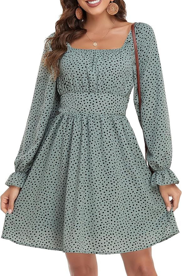 Vshemoi Women's Polka Dot Off Shoulder Dresses Cute Long Lantern Sleeve Tie Back Ruffled A-Line V... | Amazon (US)