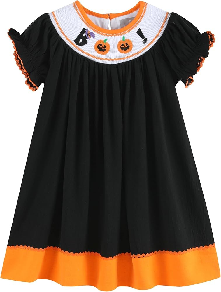 Lil cactus Black and Orange Boo Halloween Smocked Bishop Dress | Amazon (US)