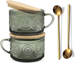 Vintage Coffee Mugs Set of 2 Green, 14 Oz Overnight Oats Containers with Bamboo Lids and Spoons, ... | Amazon (US)