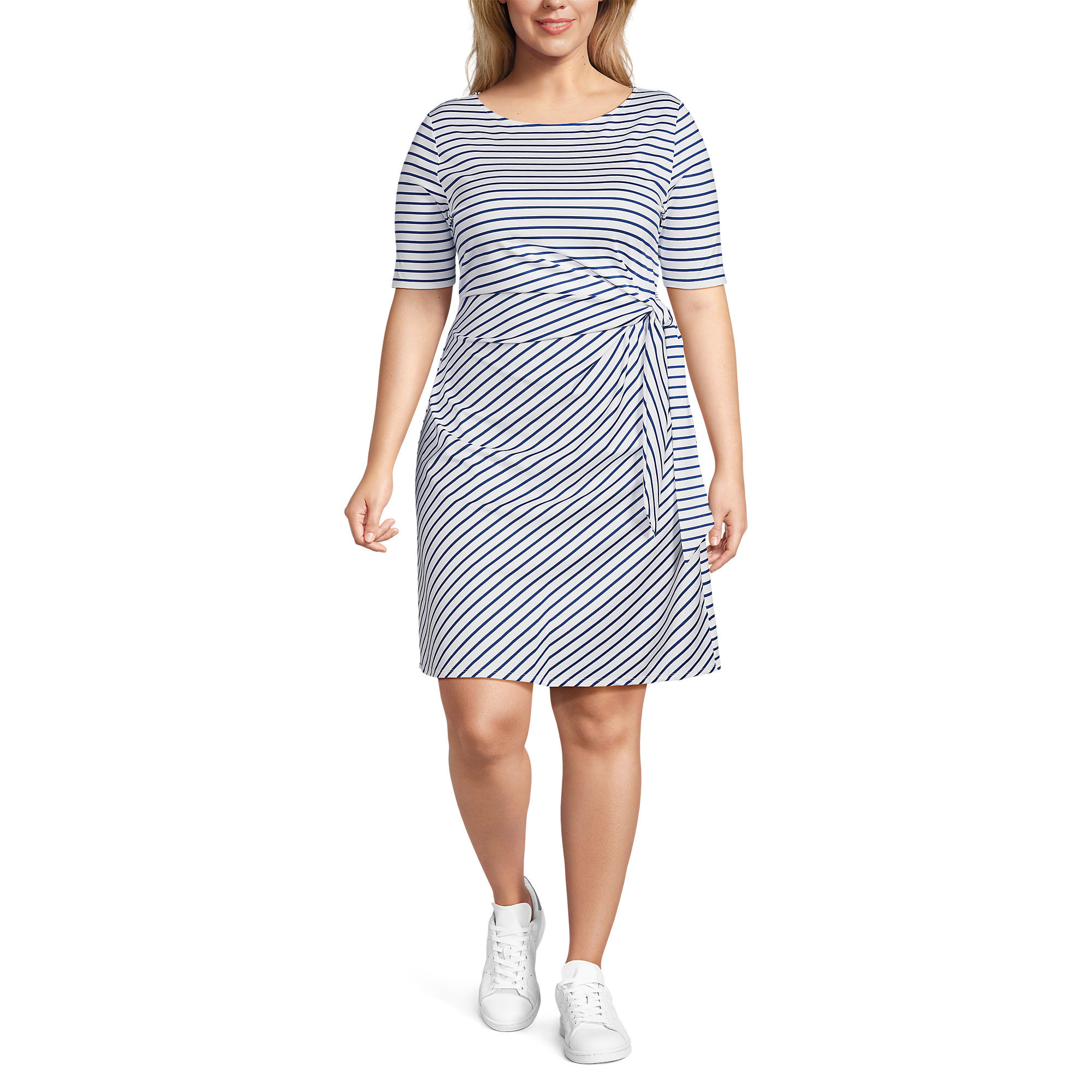 Women's Plus Size Elbow Sleeve Tie Waist Dress | Lands' End (US)