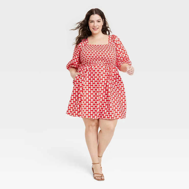 Women's Balloon Elbow Sleeve Smocked A-Line Dress - Ava & Viv™ | Target