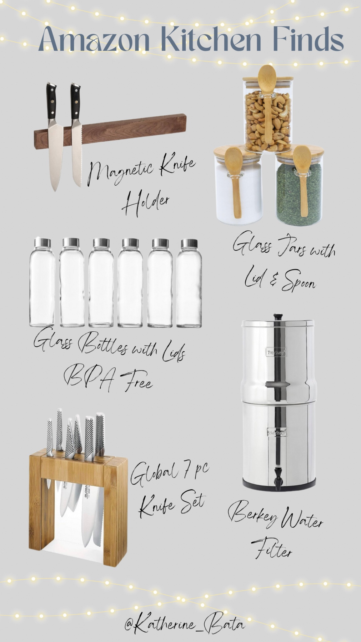 Amazon Kitchen Finds that promote health & longevity!! Berkey water filter removes 99.9% of contaminants from water AND has a substantial lifespan of any other filter on the market. Health is wealth!! For a minimalist kitchen look try this magnetic knife holder with the Global knife set!! 

#kitchen #berkey #glassbottles #knifeset

#LTKGiftGuide #LTKhome #LTKbeauty