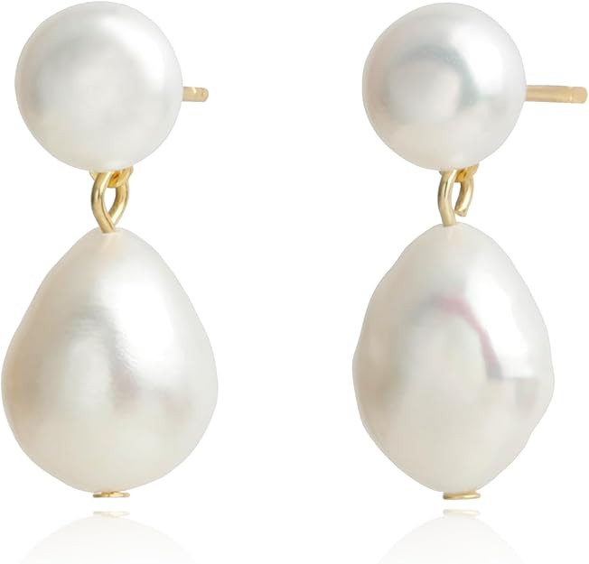 Handmade Freshwater Cultured Baroque Pearl Dangling Drop Earrings for Women, 14K Gold Plated | Amazon (US)