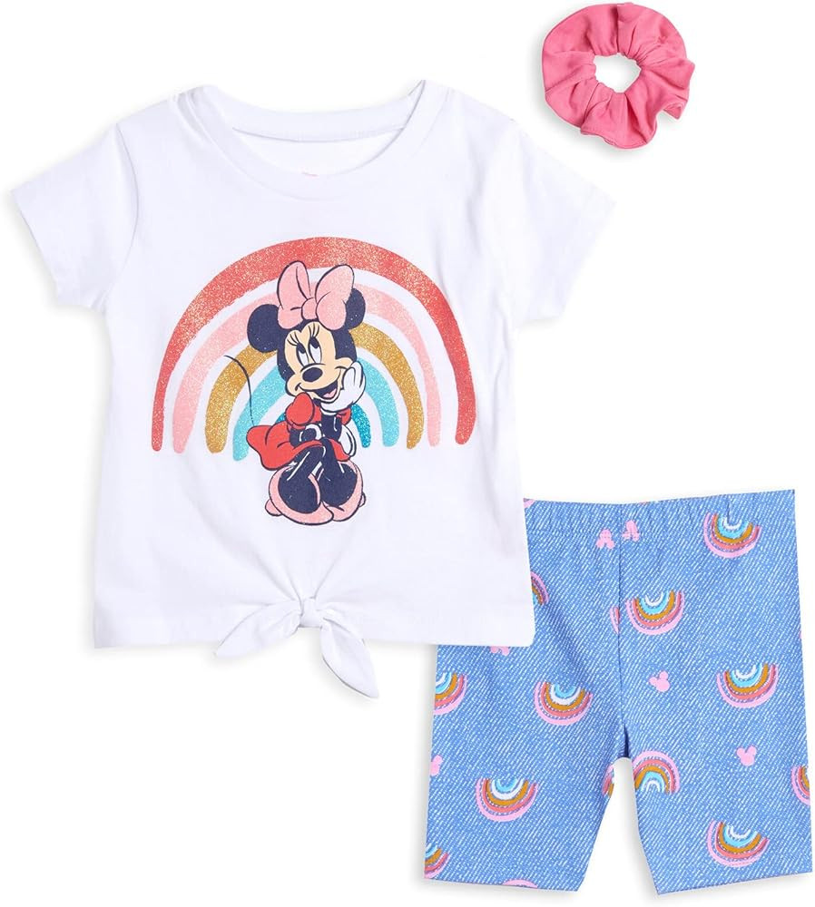 Disney Frozen Minnie Mouse Little Mermaid Elsa Princess Anna Peplum T-Shirt Shorts & Scrunchie 3 Pc Set Infant to Big Kid | Amazon (US)