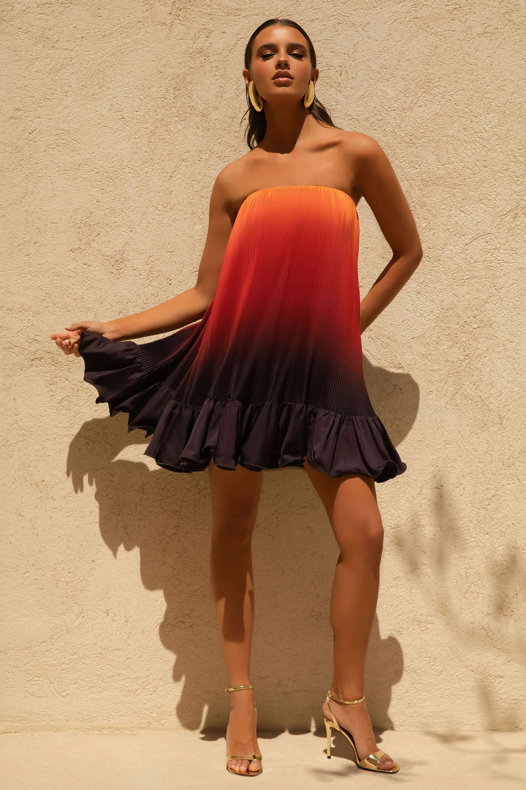 Tropical | Orange Ombre Satin Mini Dress With Ruffle Hem | Club L London