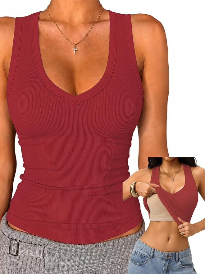 Danysu Built in Bra V Neck Tank Tops for Women Ribbed Knit Racerback No See Through Sleeveless Ba... | Amazon (US)