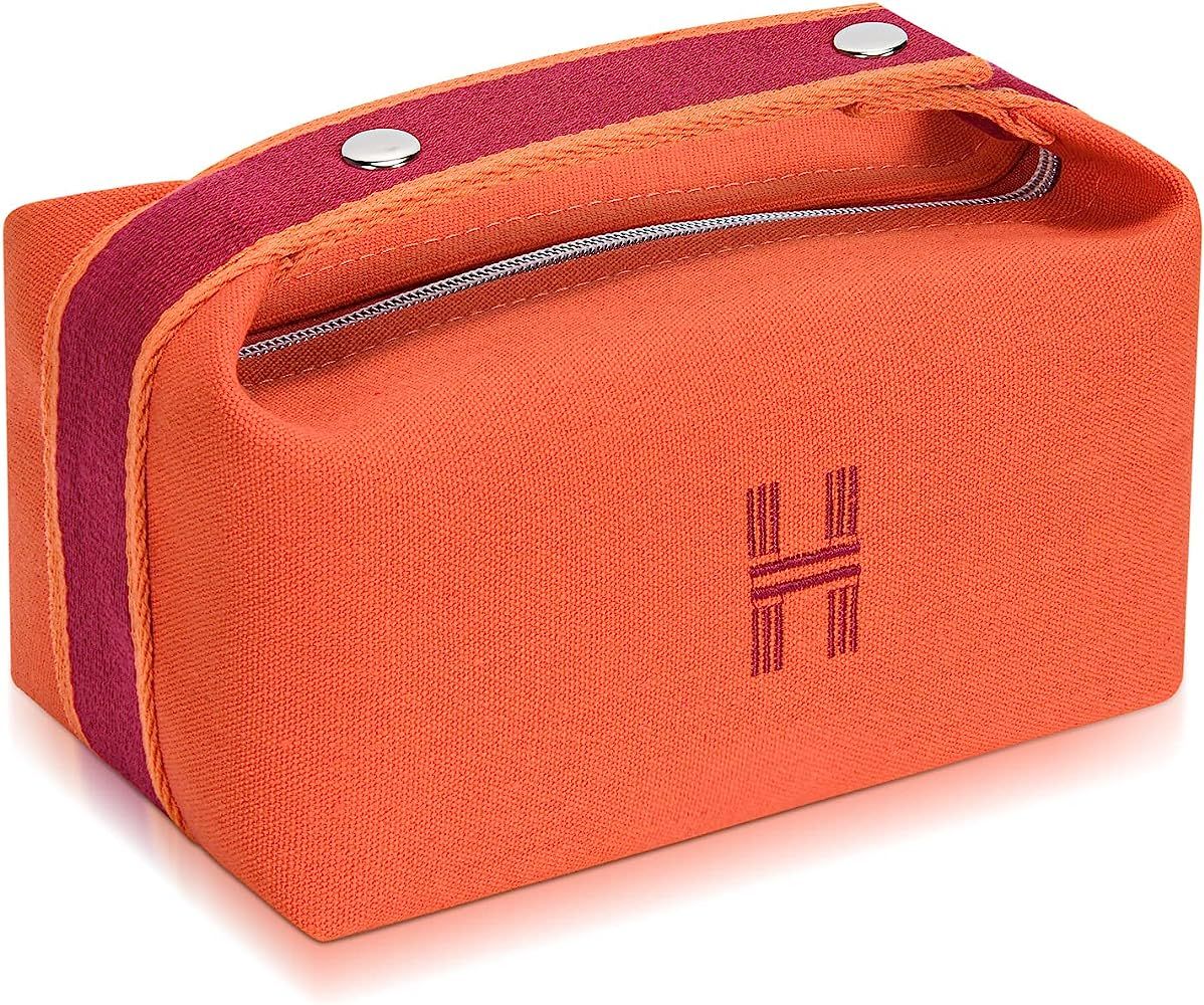 Fashion Makeup Bag for Women, Orange Red Canvas Make up Travel Bag, Hanging Cosmetic Bag Organize... | Amazon (US)