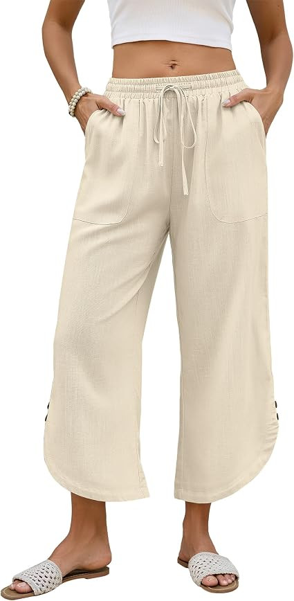 Bsubseach Womens Cotton Linen Pants Summer Capri Pants Comfy Cropped Lounge Pants with Drawstring | Amazon (US)