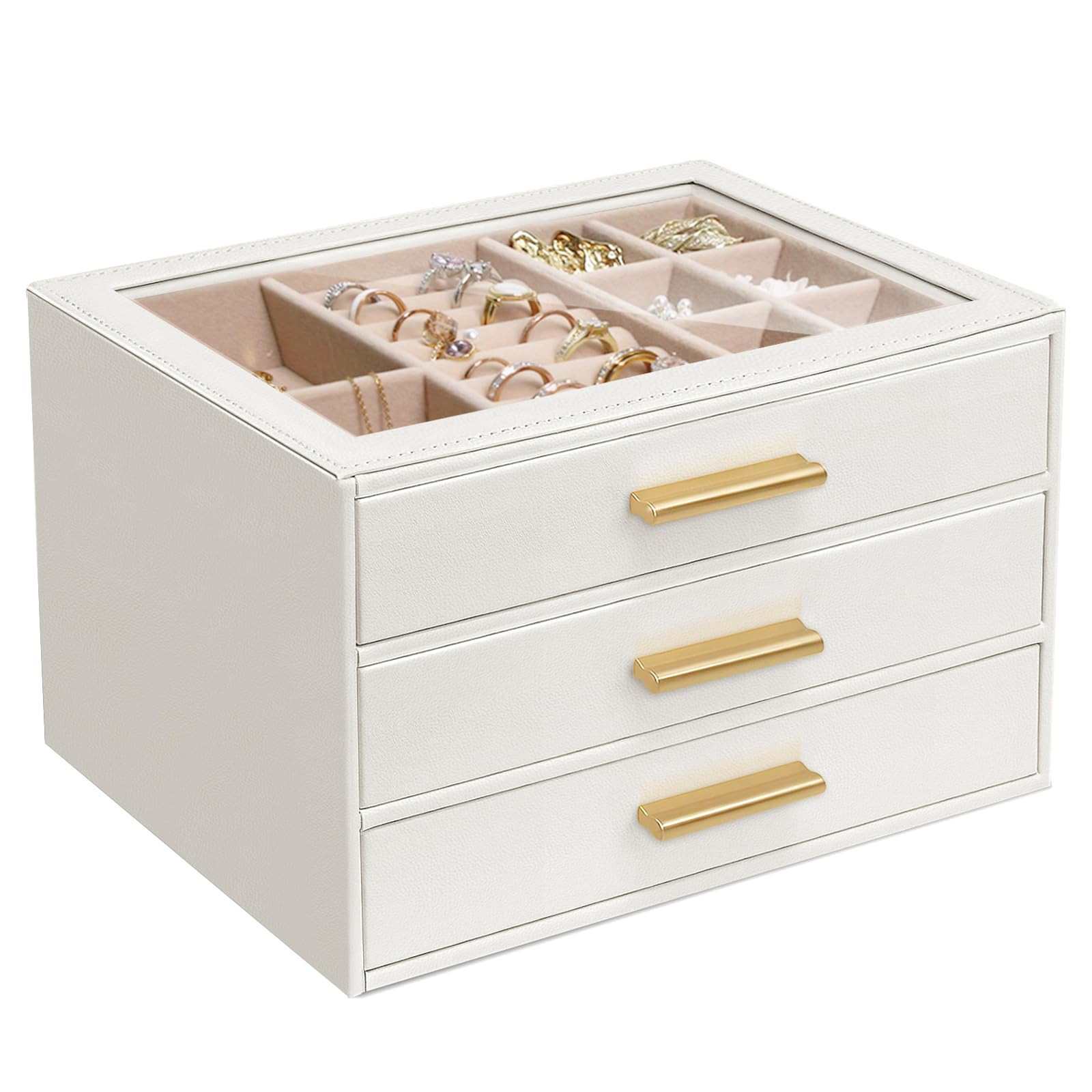 Jewelry Box for Women, Glass Lid Leather Jewelry Organizers and Storage with 3 Drawers, Large Capacity for Necklaces, Earrings, Rings, Bracelets, Modern Style (White) | Amazon (US)