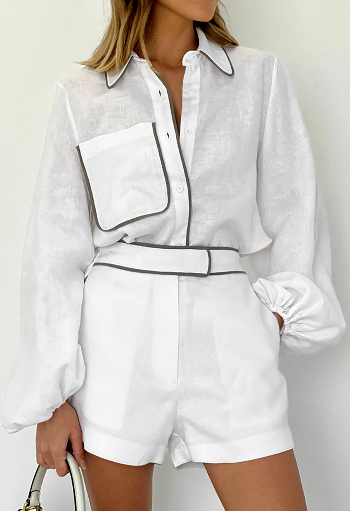 Contrast Binding Puff Sleeve Cotton Shirt and Shorts Set for Daytime Adventures & City Strolls | Chicwish