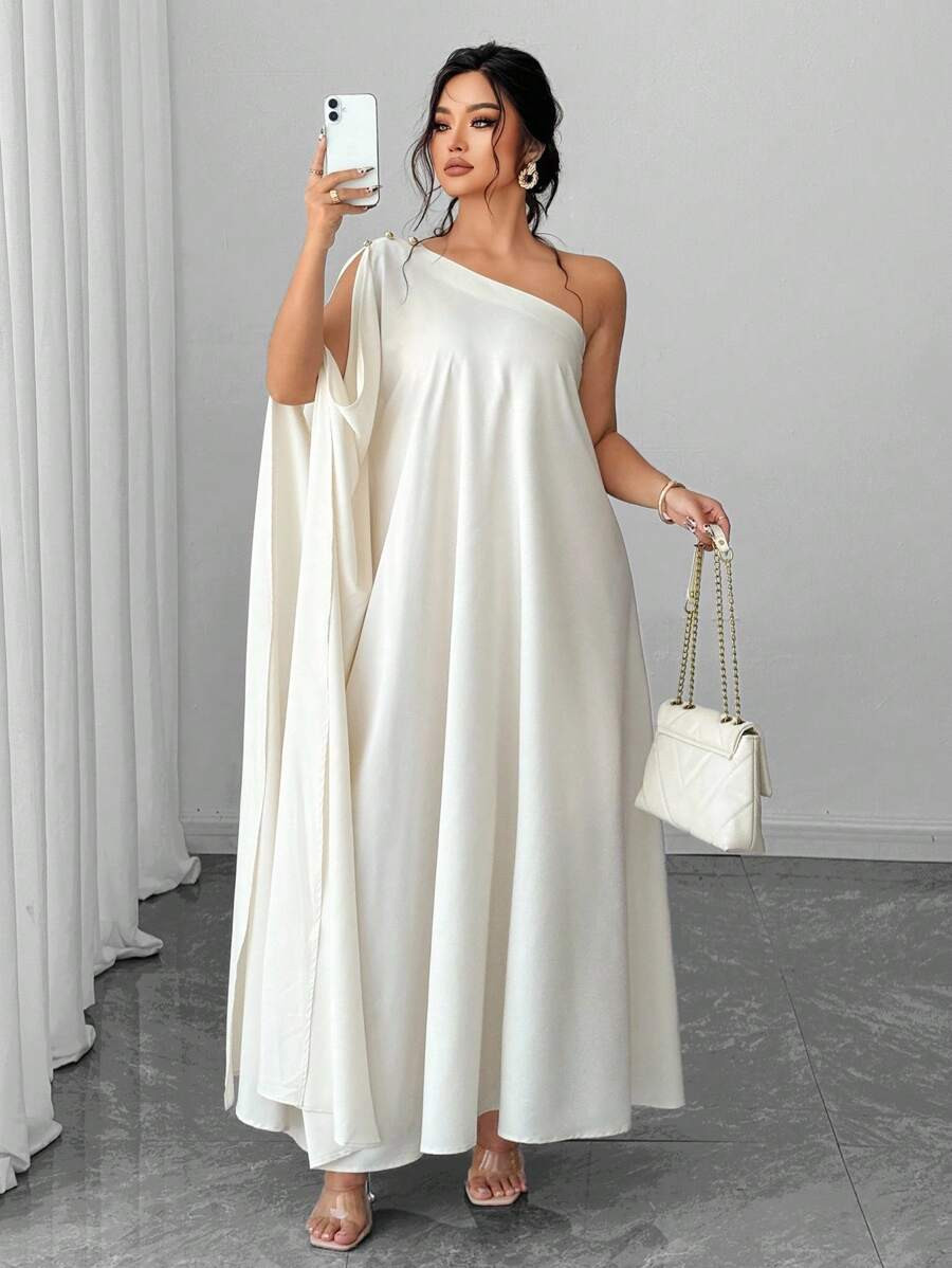 Elenzga Women's Oblique Collar Decorated Button Batwing Sleeve Dress | SHEIN