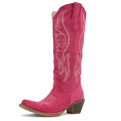 GORBINETI Women's Cowgirl Boots Pull on Cowboy Boots Chunky Block Heel Western Boots Knee High Cowboy Vintage Embroidery Pointed Toe Fashion Boots Suede Pink 5.5 | Amazon (US)