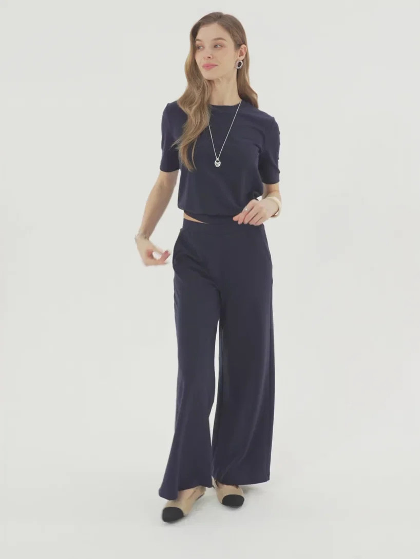 2Pcs Set Petite Wide Leg Pant with Pockets & Crewneck Bra Top | OGLmove