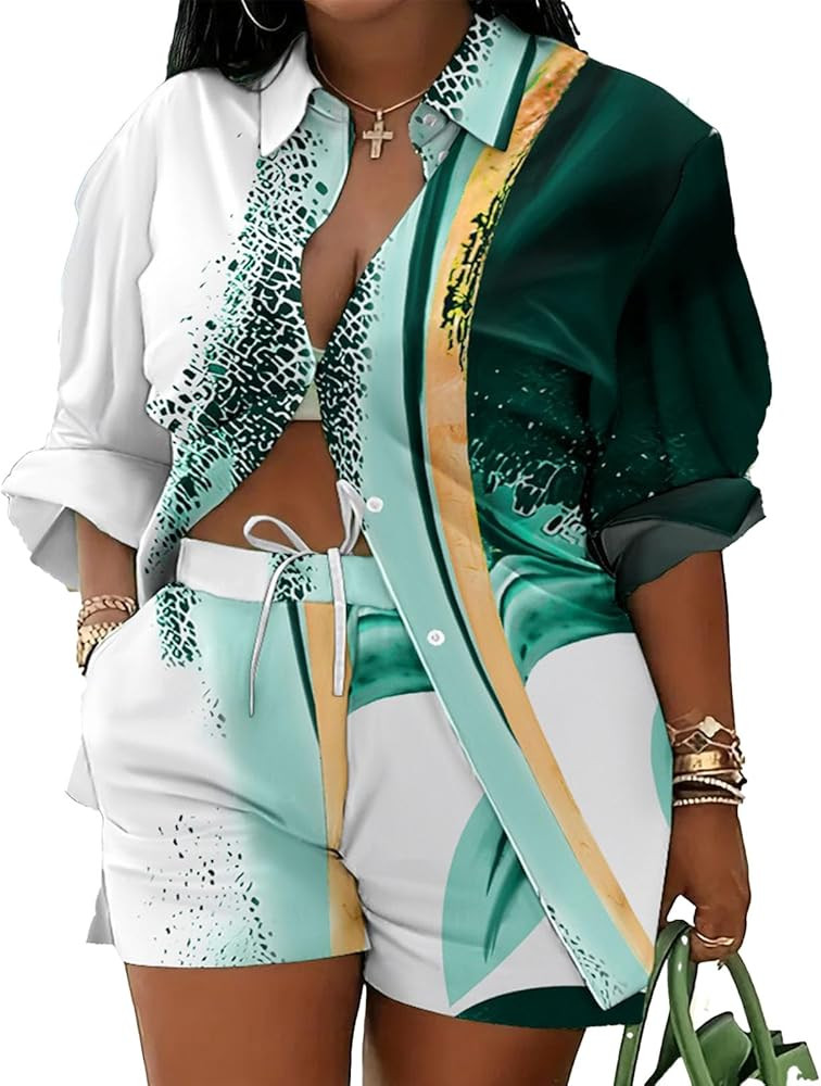 Mandonce 2 Piece Outfits for Women Long Sleeve Printed Shirt and Elastic Lace-Up Shorts with Pock... | Amazon (US)