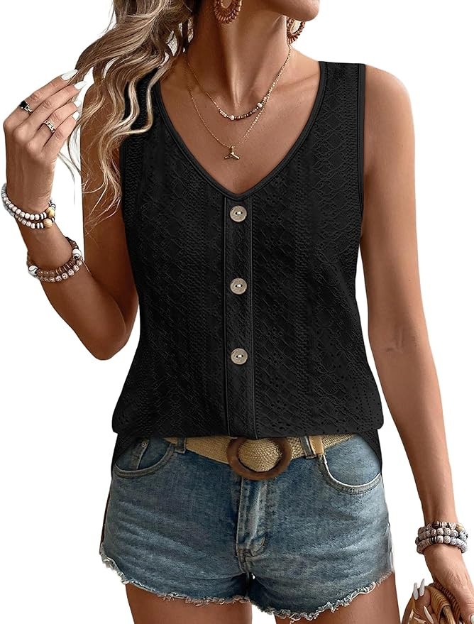 WIHOLL Womens Tank Tops Loose Casual Summer Tops Eyelet V Neck Basic Sleeveless Shirts Trendy 202... | Amazon (US)