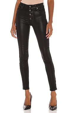 PAIGE Hoxton Ultra Skinny With Exposed Buttonfly in Black Fog Luxe Coating from Revolve.com | Revolve Clothing (Global)