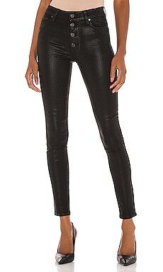 PAIGE Hoxton Ultra Skinny With Exposed Buttonfly in Black Fog Luxe Coating from Revolve.com | Revolve Clothing (Global)