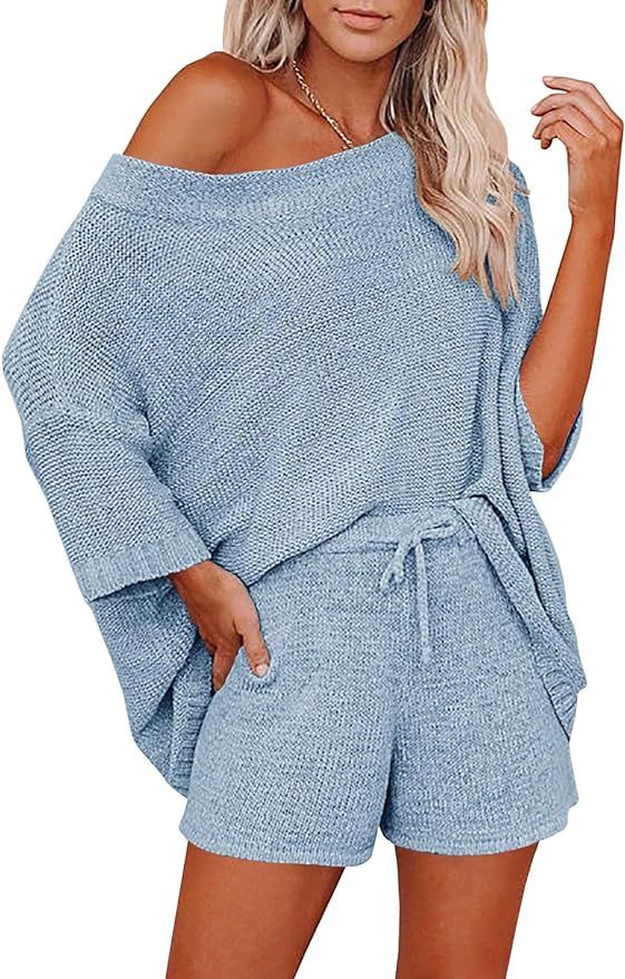 Mafulus Women's 2 Piece Outfits Sweater Set Off Shoulder Knit Top + Drawstring Waist Short Suits ... | Amazon (US)