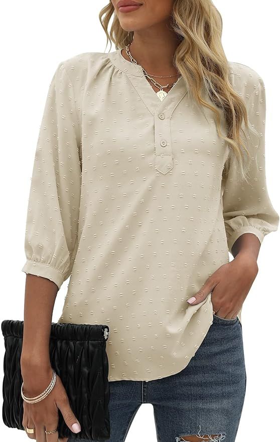 Womens Summer V Neck 3/4 Sleeve Blouses Swiss Dot Tunic Tops Casual Button Shirts | Amazon (US)