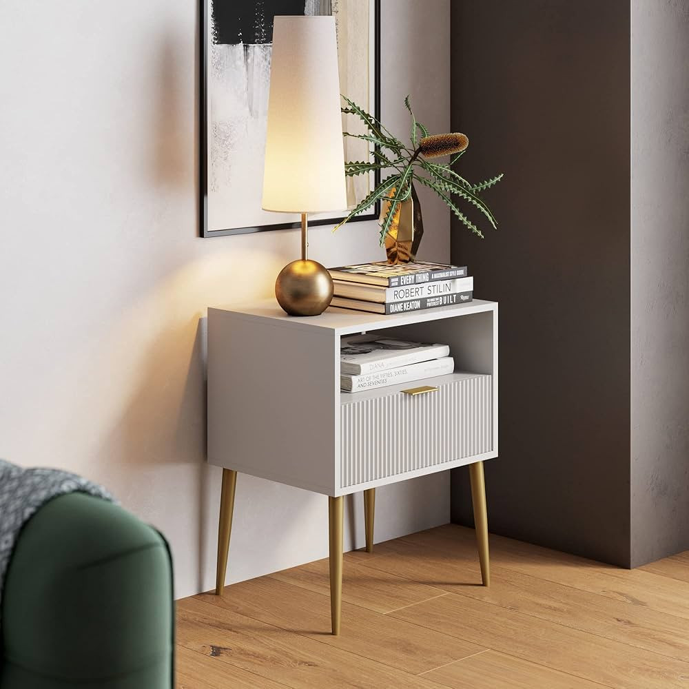 Nathan James Jacklyn White Nightstand, Gold Accent Bedside Table with Storage Drawer, Open Shelf and Mid-Century Golden Legs, White/Gold | Amazon (CA)