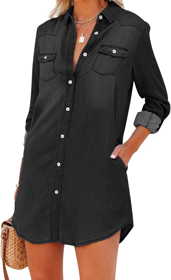 GRAPENT Women Casual Denim Shirt Dress Button Down Pockets Long Sleeve Tunic Top | Amazon (US)
