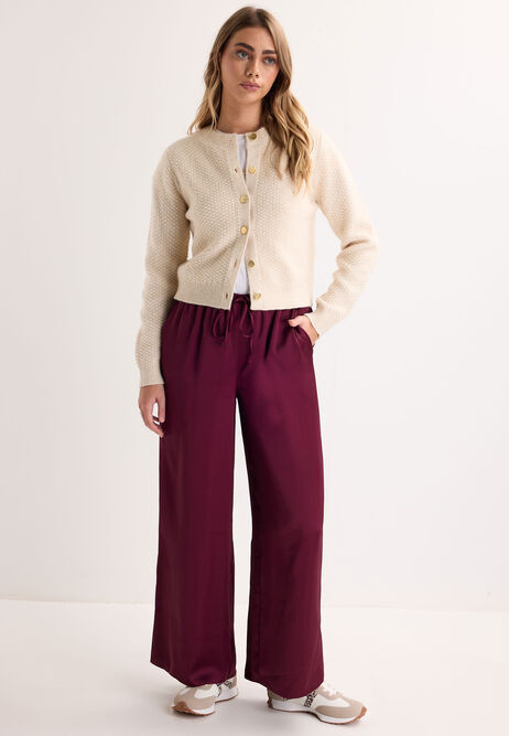 Womens Burgundy Satin Drawstring Wide Leg Trousers | Peacocks