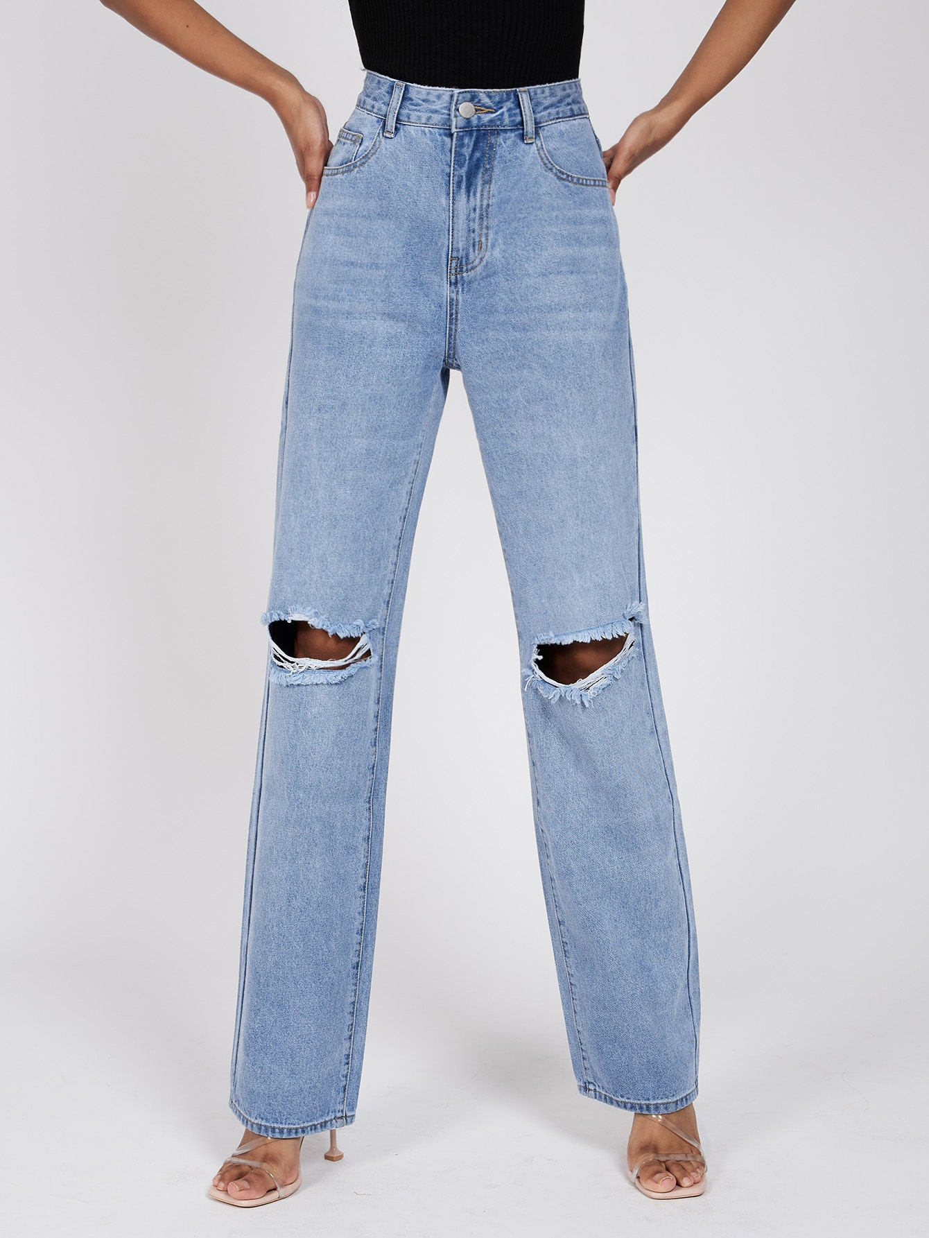 SHEIN Tall High Waist Ripped Frayed Straight Leg Jeans | SHEIN
