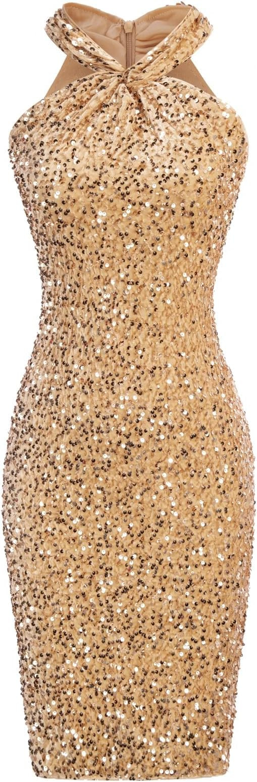 GRACE KARIN Sequin Dress for Women Sleeveless Sparkly Glitter Halter Dress Bodycon Mini Club Dres... | Amazon (US)