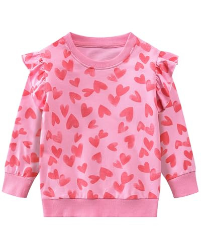 DDSOL Toddler Girls Valentine Day Sweatshirts Pink Crewneck Red Heart Pink Ruffle Long Sleeve Heart Sweater Cotton Winter Outfit Kids Girl Shirts Tops 2T | Amazon (US)