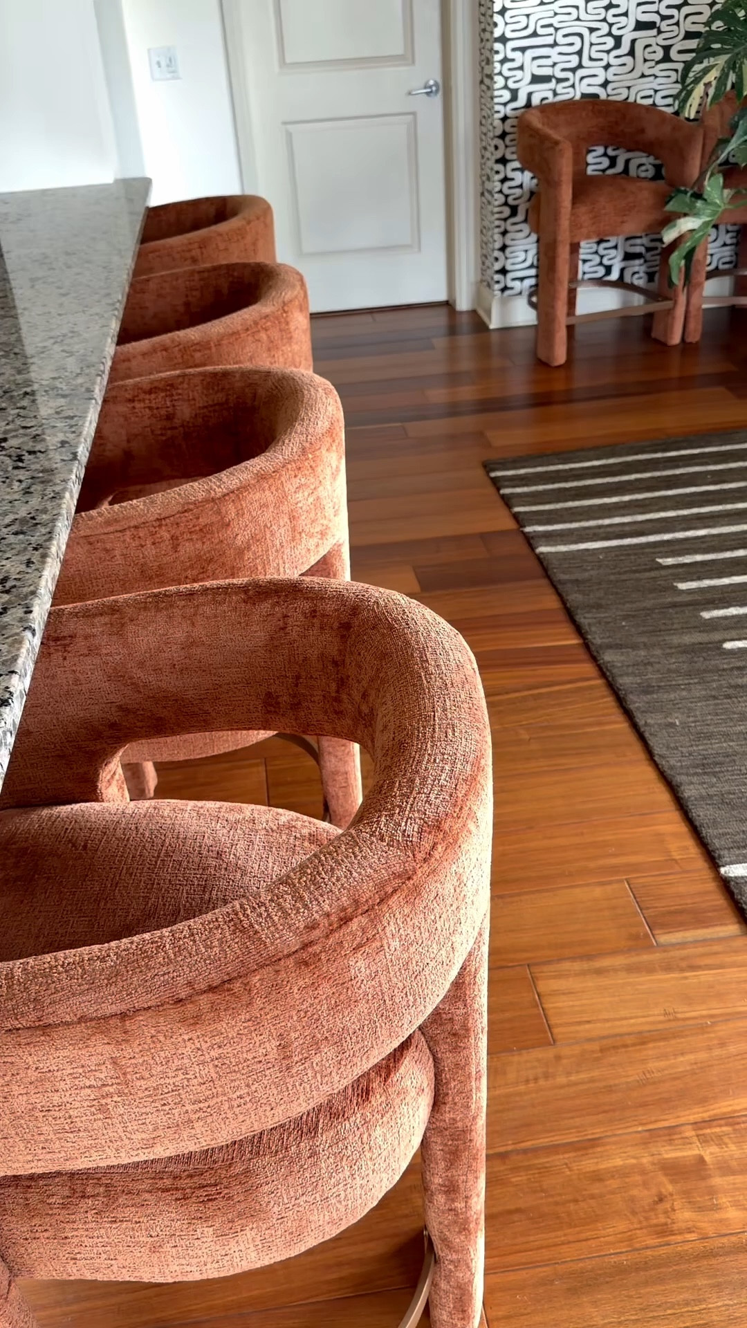 Barstools, Peelable Wallpaper and Area Rug 
