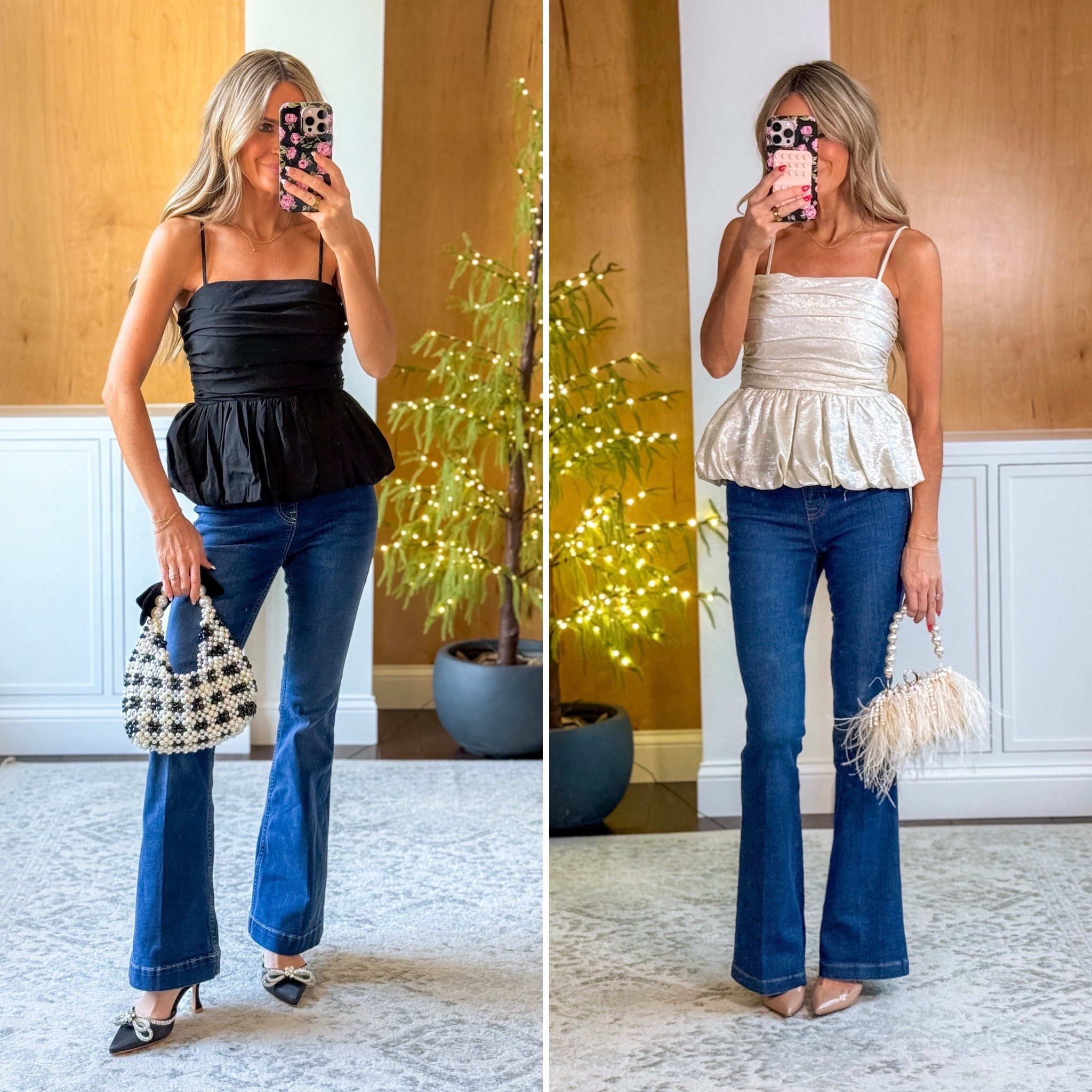 NYE outfit - the cutest peplum top with jeans and fun shoes and accessories! Comes in black or gold!

Jeans - wearing xs petite - new customers can use code KATEROSExSPANX to save 15% plus free shipping! 👖 

#LTKHoliday #LTKFindsUnder50 #LTKPetite