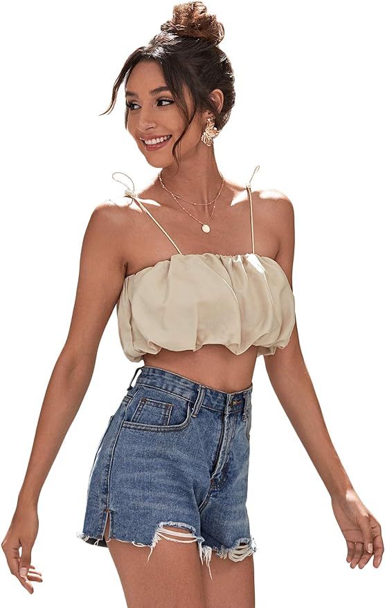 Floerns Women's Tie Shoulder Spaghetti Strap Ruched Tube Top Crop Cami Top | Amazon (US)