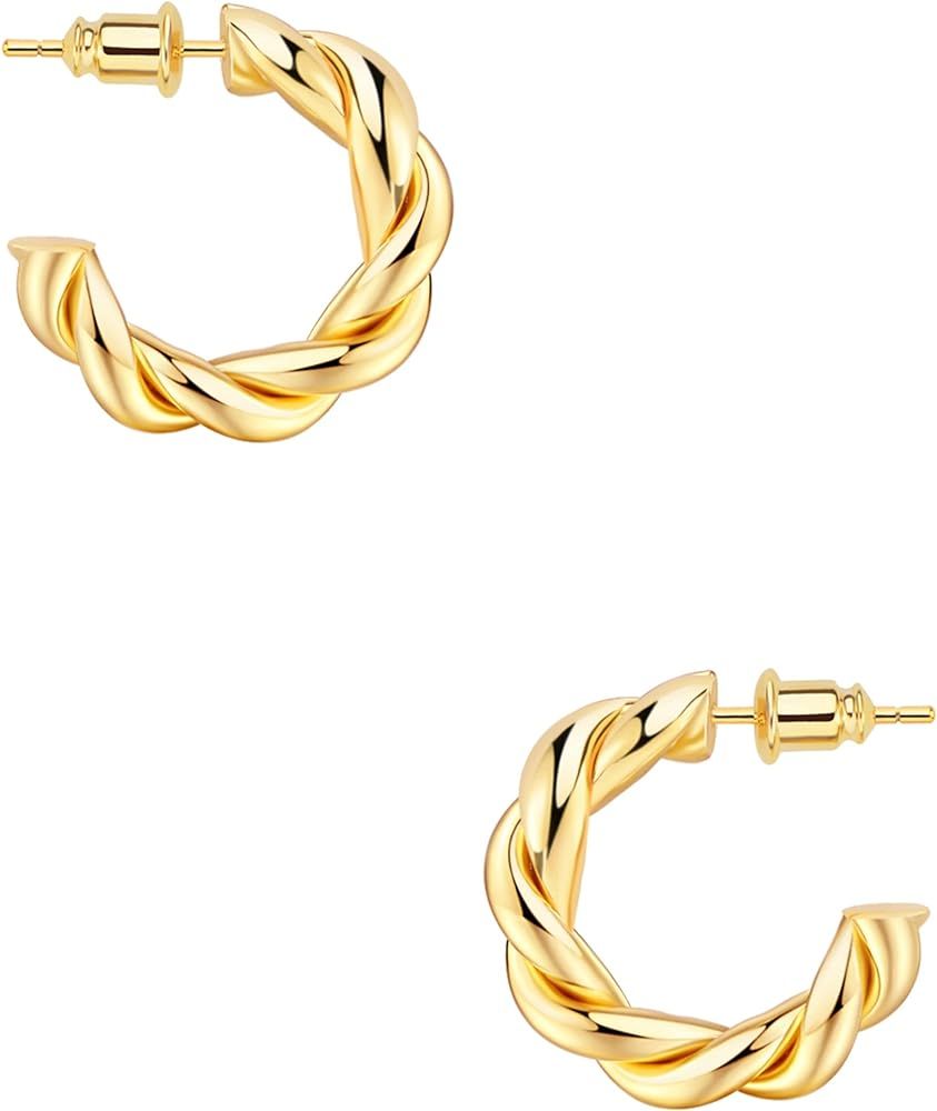Wowshow Chunky Gold Hoop Earrings, Small Gold Hoop Earrings for Women 14K Real Gold Plated Thick Ope | Amazon (US)