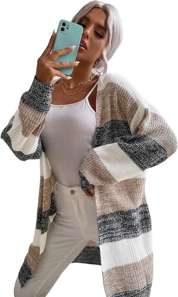 SheIn Women's Color Block Striped Cardigans Open Front Long Sleeve Sweaters Outwear | Amazon (US)