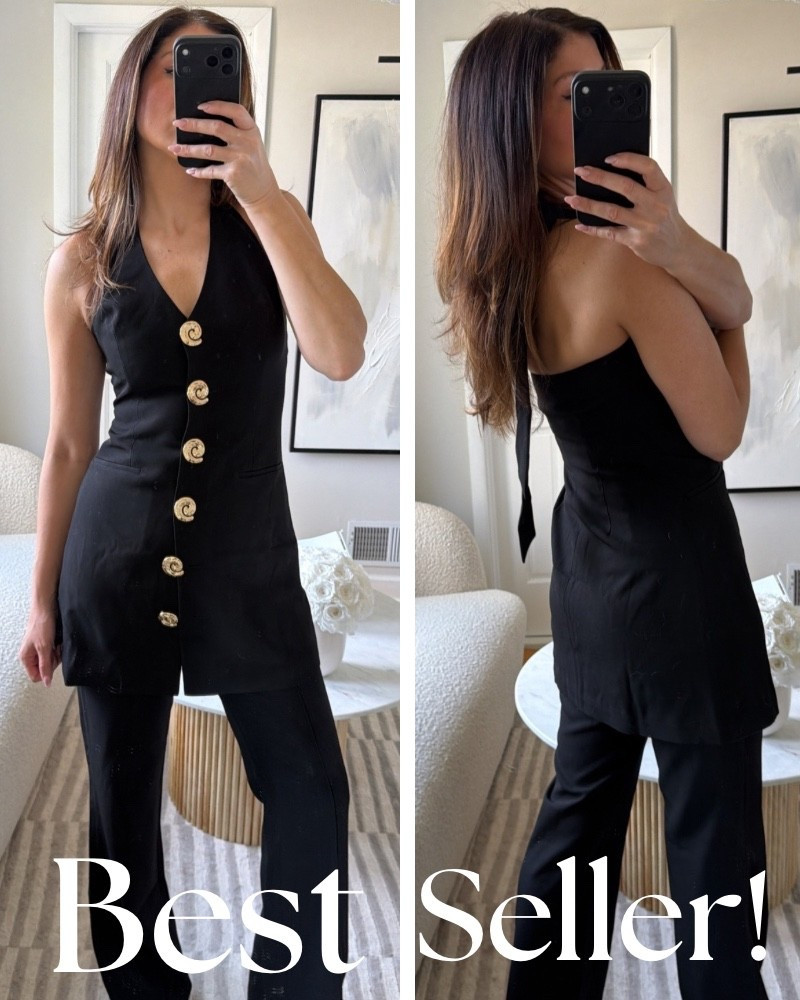 This blouse and these pants have been a best seller in my LTK shop. I’m wearing a size small, halter dress, gold buttons, black, design, designer deals, spring outfit idea, summer.

#LTKSaleAlert #LTKootd