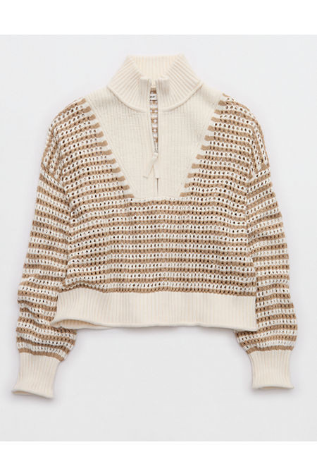 Aerie Crochet Quarter Zip Sweater Women's Toasted Almond XXS | Aerie