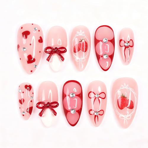30Pcs Valentines Nails Red Heart Bow Press on Nails Medium Almond Shaped Fake Nails with Rhinestones Design Cute Glue on Nail Strawberry Heart Full Cover False Nail Glossy Pink Acrylic Nail for Women | Amazon (US)