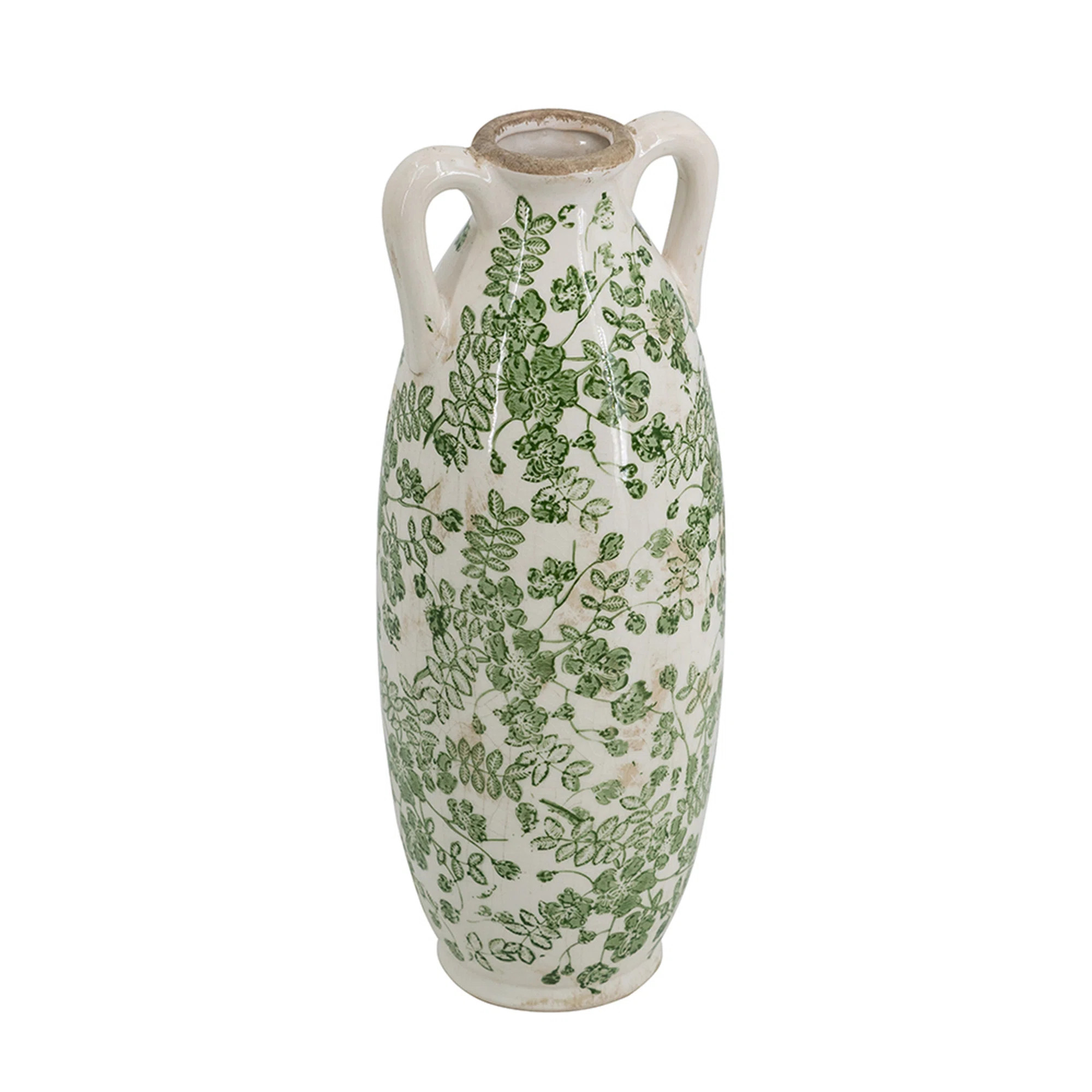 White Ceramic Flower Vase with Green Floral Pattern and Small Handles | Wayfair North America