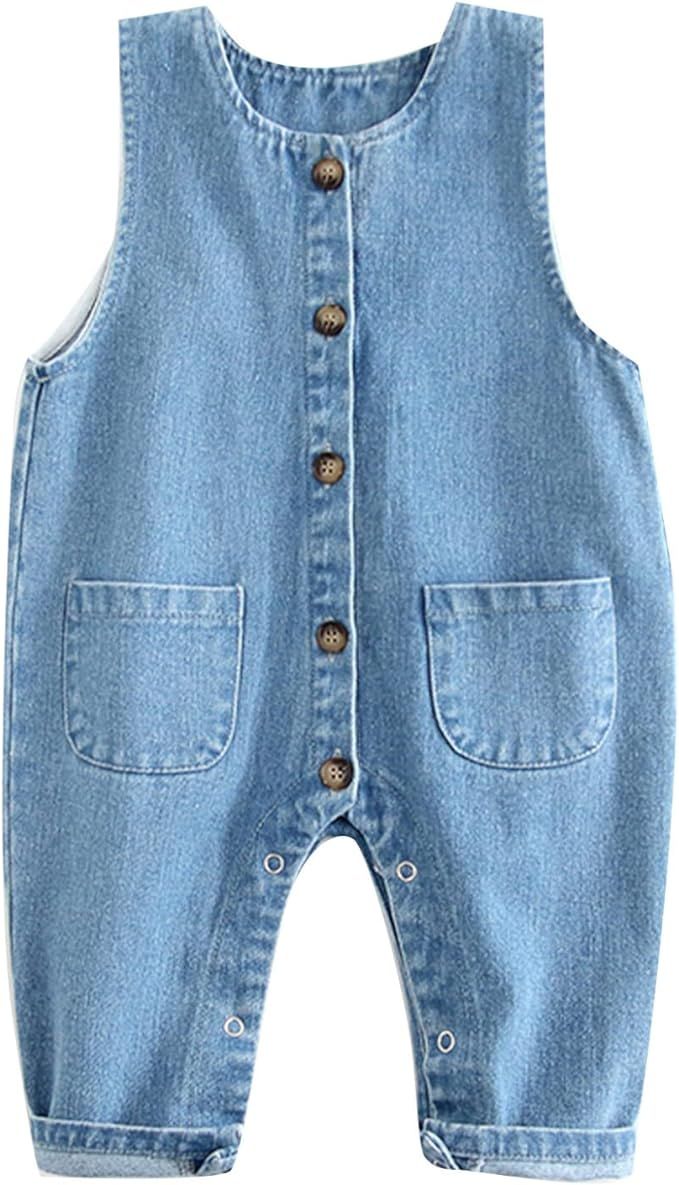 Infant Baby Boy Girls Sleeveless Denim Romper Toddler Solid Color Button Jumpsuit Overalls | Amazon (US)