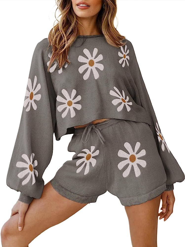 Ekouaer Knit Pajamas Set for Women Lounge Wear Sets Long Sleeve Sweatsuit Matching 2 Piece Outfits C | Amazon (US)
