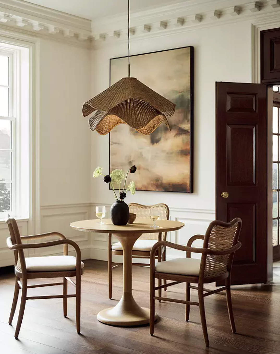 Dining room, light, dining chairs, dining table, vase, art, chandelier  

 #LTKHome
