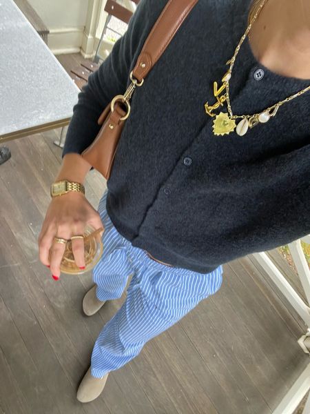 4/27/24 Casual Saturday outfit
striped pi pants, blue striped pants, cardigan sweater, navy blue cardi sweater, blue light glasses outfit, blue light glasses, Birkenstock bosto clogs, Boston clogs outfit, spring transtion outfits, spring outfits, sprin fashion trends 2024, spring trends 2024