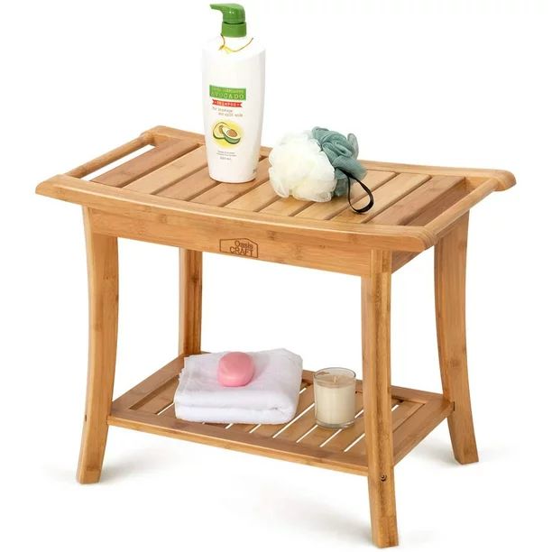 OasisCraft Bamboo Shower Bench Seat with Free Soap Dish, 24" Waterproof Shower Chair with Storage... | Walmart (US)