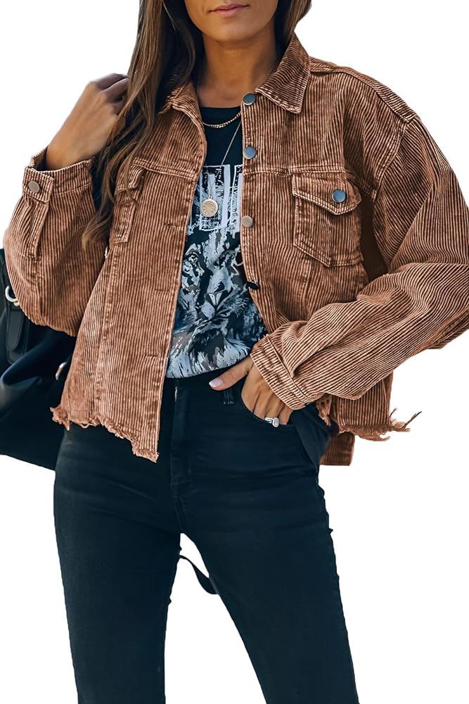 Womens Cropped Corduroy Jacket Casual Button Down Shacket Coat Fringe with Frayed Hem | Amazon (US)