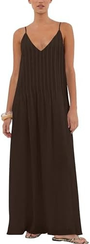 Women’s Cotton Summer Pleated Maxi Dress Sexy V Neck Spaghetti Strap Dresses 2025 Sleeveless Be... | Amazon (US)