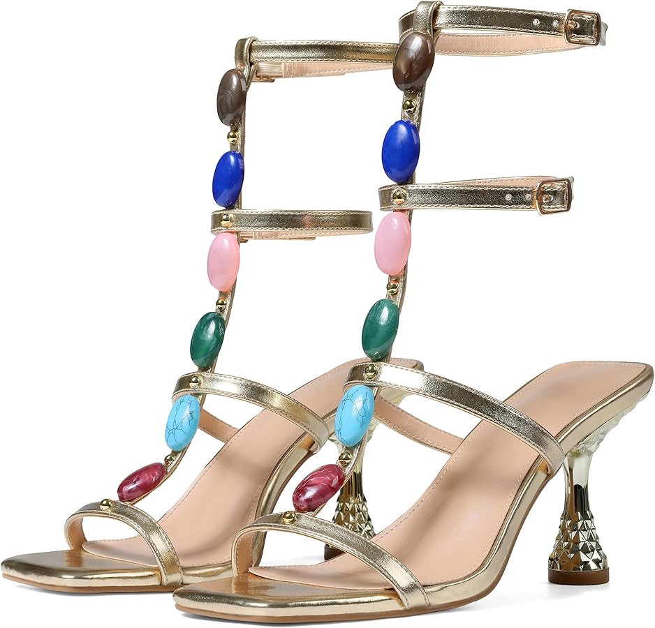 Eteridrey Jeweled Gladiator Sandals for Women Gold Kitten Heel T Strap Sandals Square Open Toe Ca... | Amazon (US)