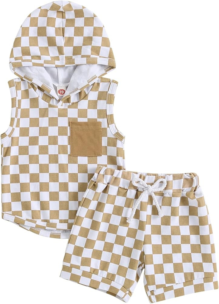 AEEMCEM Toddler Baby Boy Summer Outfit Checkered Sleeveless Hooded Tank Tops Drawstring Shorts Se... | Amazon (US)